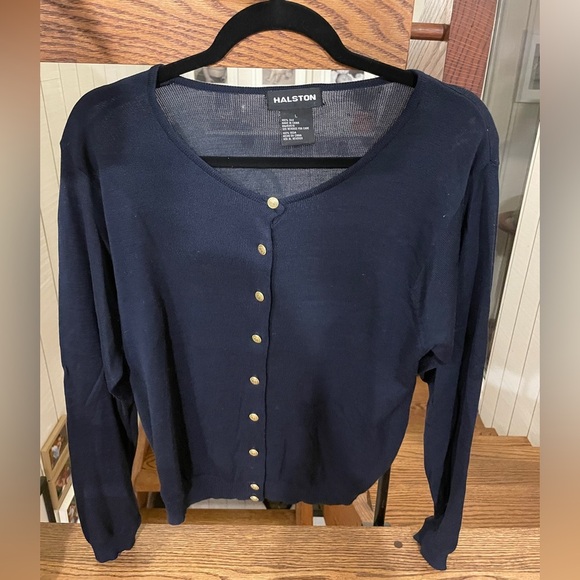 Halston cardigan long sleeve crew neck gold buttons silk blue womens large - Picture 3 of 5